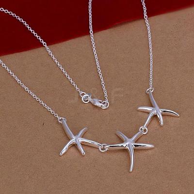 Popular Silver Color Plated Brass Three Starfish Pendant Necklaces For Women NJEW-BB12778-1