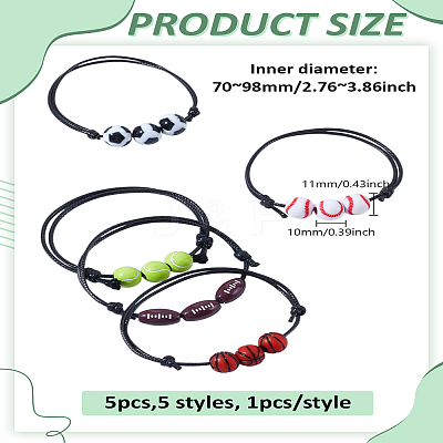 5Pcs 5 Styles Sport Theme Plastic Round Beaded Bracelet with Wax Rope BJEW-LP0002-77-1