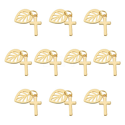 10Pcs Cross with Leaf Brass Pendants PALLOY-TAC0273-1