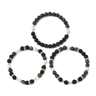 3Pcs 3 Styles Natural Lava Rock & Larvikite & Shell Pearl Beaded Stretch Bracelets for Kids BJEW-JB14097-1