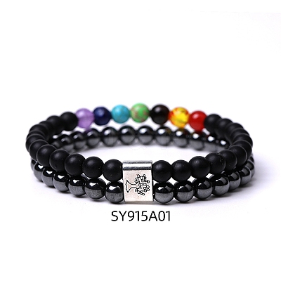 Natural Black Stone & Mixed Stone Beaded Double Layer Bracelet PW-WG19695-01-1