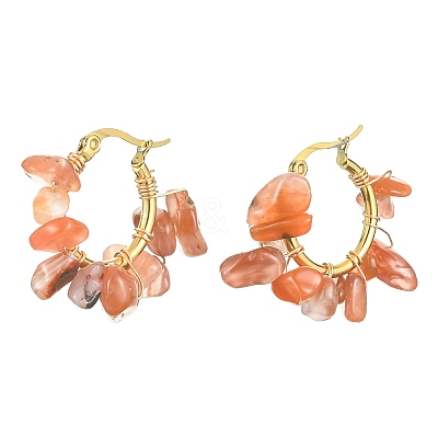 Natural Red Agate Chips Braided Hoop Earrings EJEW-JE04940-18-1
