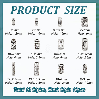 120Pcs 12 Styles Tibetan Style Alloy Tube Beads FIND-PH0020-79-1