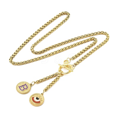 Ion Plating(IP) 304 Stainless Steel Purple Enamel Letter & Eye Pendant Wheat Chain Necklaces STAS-Z102-01G-B-1
