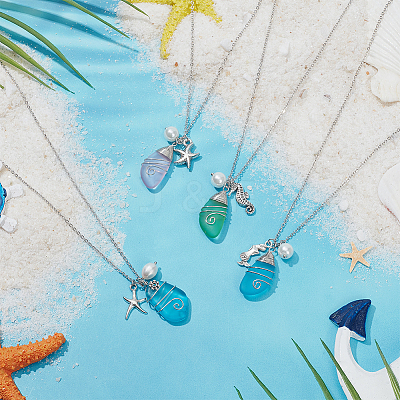 4Pcs 4 Style Twist Teardrop Glass & Alloy Ocean Theme Pendant Necklaces Set NJEW-AN0001-57-1
