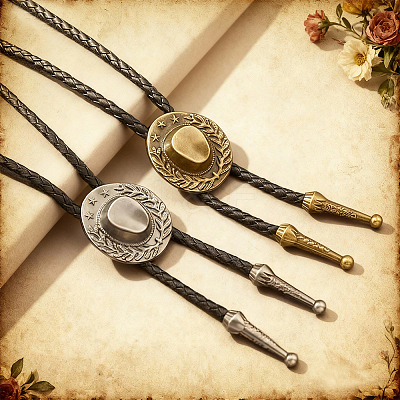 1Pc West Cowboy Hat Tibetan Style Alloy Pendant Black PU Leather Cord Bolo Tie Lariat Necklaces NJEW-GF0001-24B-1