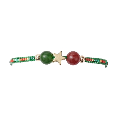 Christmas 8mm Round Dyed Natural Malaysia Jade & Natural Carnelian & Glass Seed Beads Braided Bead Bracelets BJEW-MZ00070-01-1