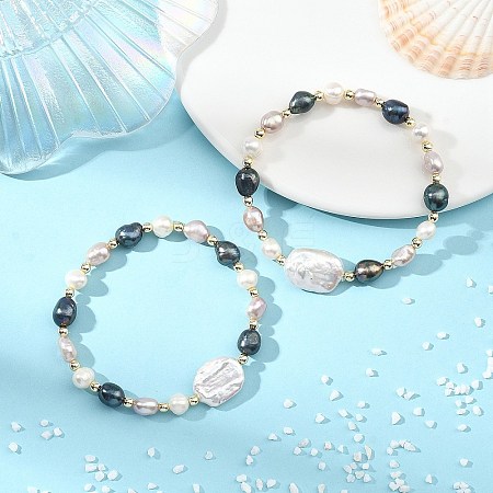 2Pcs Natural Cultured Freshwater Pearl & Non-magnetic Synthetic Hematite Beads Stretch Bracelets for Women BJEW-JB14085-1