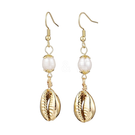 Natural Freshwater Pearl & Electroplated Shell Dangle Earrings for Women EJEW-JE06205-1