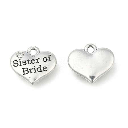 Wedding Theme Antique Silver Tone Tibetan Style Heart with Sister of Bride Rhinestone Charms X-TIBEP-N005-06D-1