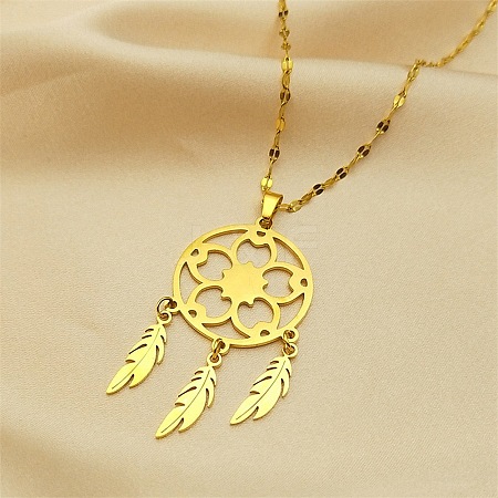 Woven Net/Web with Feather 304 Stainless Steel Pendant Necklaces for Women NJEW-G087-04G-1
