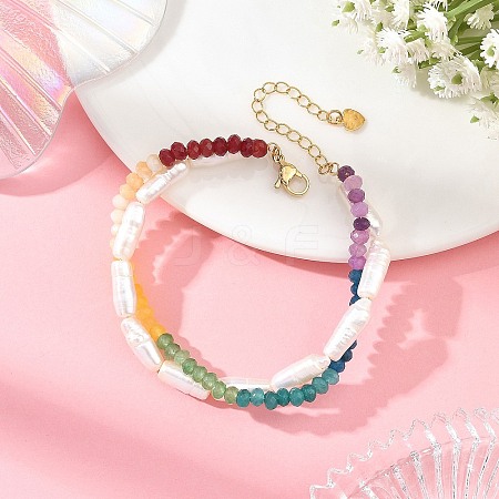 Dyed Faceted Rondelle Chakra Natural Malaysia Jade & Baroque Keshi Pearl Biwa Stick Beaded 2-strand Bracelets for Women BJEW-JB14449-1