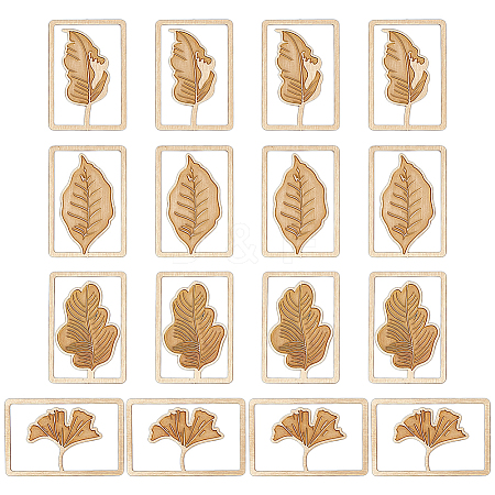 16Pcs 4 Styles Brass Rectangle with Leaf Bookmarks AJEW-DR0001-70-1