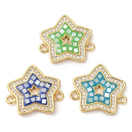 Rack Plating Brass Micro Pave Clear Cubic Zirconia Star Connector Charms KK-K385-091G-1