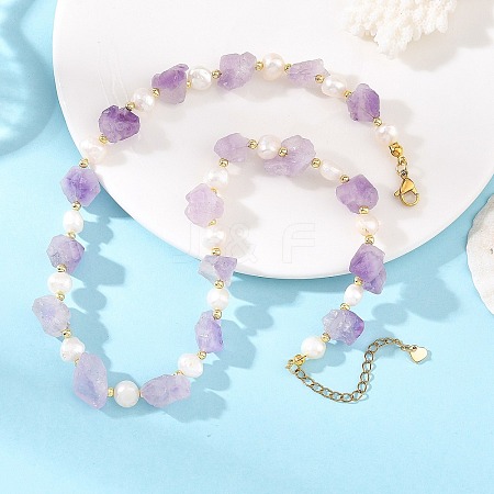 Raw Natural Amethyst Nuggets & Potato Natural Pearl Beaded Necklaces for Women NJEW-JN06480-1