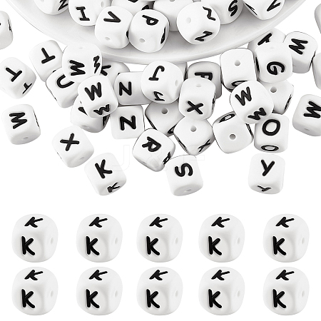 20Pcs White Cube Letter Silicone Beads 12x12x12mm Square Dice Alphabet Beads with 2mm Hole Spacer Loose Letter Beads for Bracelet Necklace Jewelry Making JX432K-1