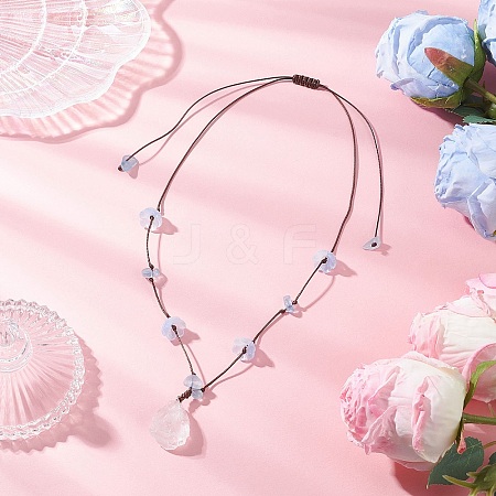 Raw Rough Natural Stone Nuggets Pendant with Handmade Lampwork Flower Adjustable Waxed Polyester Cord Necklaces for Women NJEW-TA00210-03-1