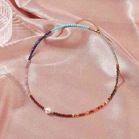 3.5mm Faceted Round Natural Gemstone & Shell Pearl Chakra Beaded Necklaces for Women NJEW-JN05149-1