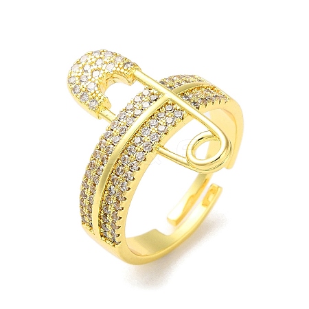 Safety Pin Shape Brass Crystal Rhinestone Adjustable Rings for Women RJEW-P112-01G-1