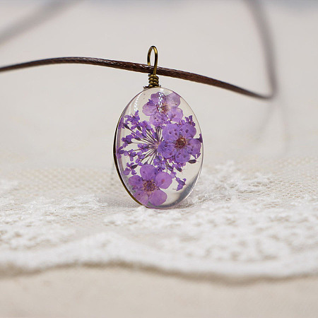Alloy Wire Wrapped Oval Glass Inner Dried Flower Pendant Waxed Cord Necklaces for Women FS-WG6B63C-08-1