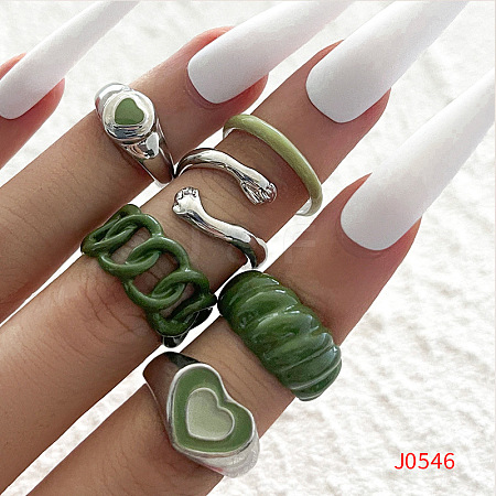 6Pcs Heart Alloy Enamel Finger Rings Sets for Women WG67DEB-02-1