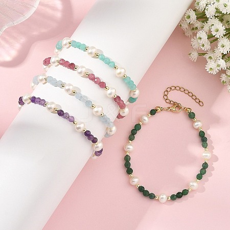 Faceted Round Gemstone & Natural Cultured Freshwater Pearl Beaded Bracelets for Women BJEW-JB14184-1