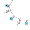 Handmade Evil Eye Lampwork & 304 Stainless Steel Cross Tassel Bar Link Chain Anklets for Women AJEW-AN00741-03-4