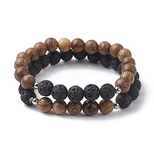 Natural Lava Rock & Wooden Round Beaded Stretch Bracelet BJEW-JB10075-01