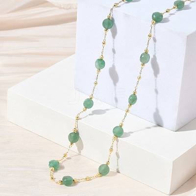 Natural Green Aventurine Faceted Flat Round Beaded Chain Necklaces with Matte Brass Beads GG-CBA37F5-01G-10-1