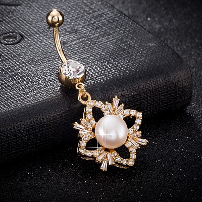 Brass Cubic Zirconia and Pearl Navel Ring AJEW-EE0004-05-1
