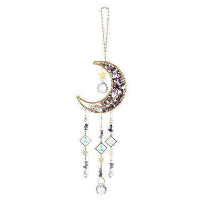 Natural Amethyst Chip & Brass Moon Hanging Suncatcher Pendant Decoration PW23041121729-1