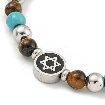 Star of David  304 Stainless Steel & Synthetic Turquoise & Natural Tiger Eye Round Beaded Bracelets for Women BJEW-G717-07P-1