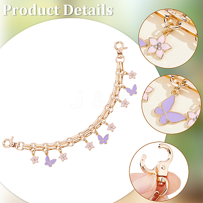 2Pcs Alloy Enamel Lilac Butterfly and Pink Flower Pendant Aluminum Bag Decorative Chains HJEW-BBC0001-38-1