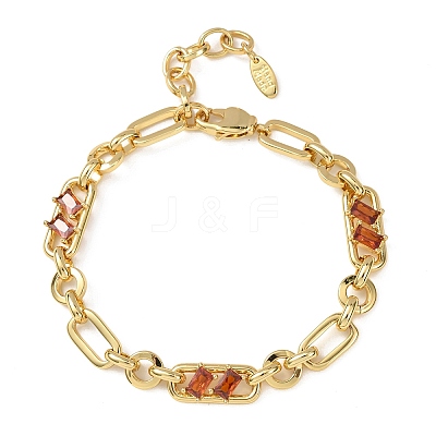 Ring & Paperclip Brass Micro Pave Cubic Zirconia Link Chain Bracelets for Women BJEW-D458-03G-07-1