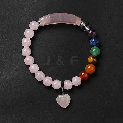 Natural Rose Quartz & Mixed Gemstone Beaded Stretch Bracelet with Heart Charm for Women BJEW-K164-B26-1