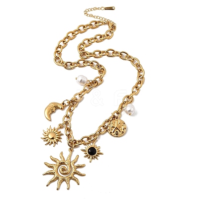 304 Stainless Steel Resin & Plastic Pearl Sun Pendant Bib Necklaces NJEW-H073-01G-1