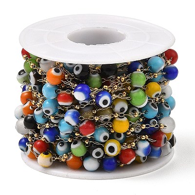 Evil Eye Lampwork Beaded Link Chains CHS-G028-04G-08-1