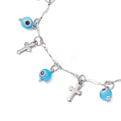 Handmade Evil Eye Lampwork & 304 Stainless Steel Cross Tassel Bar Link Chain Anklets for Women AJEW-AN00741-03-1