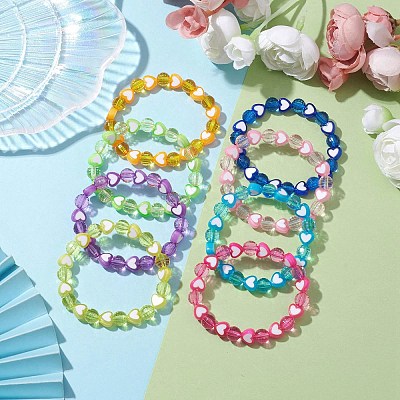 8Pcs 8mm Faceted Round & Heart Acrylic Beaded Stretch Bracelet Sets BJEW-JB10240-02-1
