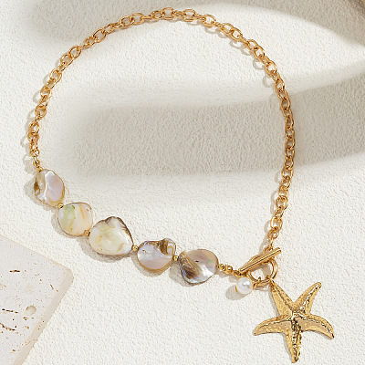 Bohemian Ocean Starfish Alloy Pendant Natural Shell Beaded Iron Chain Necklaces for Women WG4CCD0-01-1