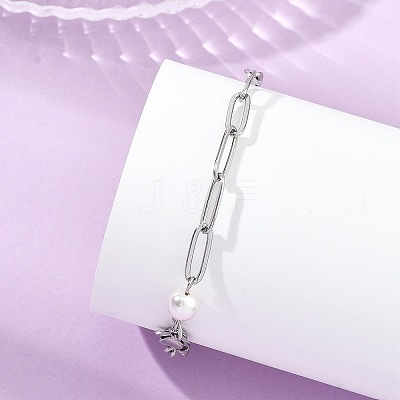 Shell Pearl & 304 Stainless Steel Paperclip Chain Bracelets for Women BJEW-JB13820-1
