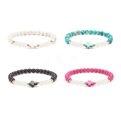 Synthetic Turquoise(Dyed) & Hematite & Natural White Jade Beaded Stretch Bracelet with Cross BJEW-JB08287-1