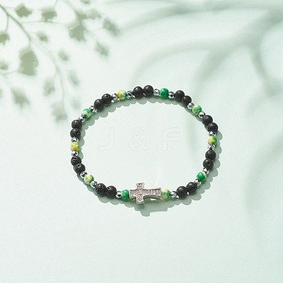Natural & Synthetic Mixed Gemstone Beaded Stretch Bracelet with Clear Cubic Zirconia Cross for Women BJEW-JB08247-02-1