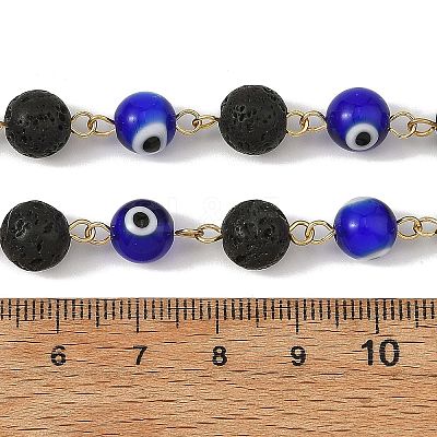 Round Handmade Evil Eye Lampwork Beaded & Natural Lava Rock Beaded Chain AJEW-JB01662-1