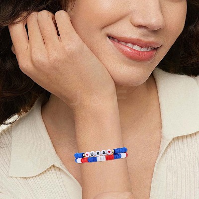 10Pcs Independence Day Theme Handmade Polymer Clay Beads Stretch Bracelets BJEW-SW01605-1