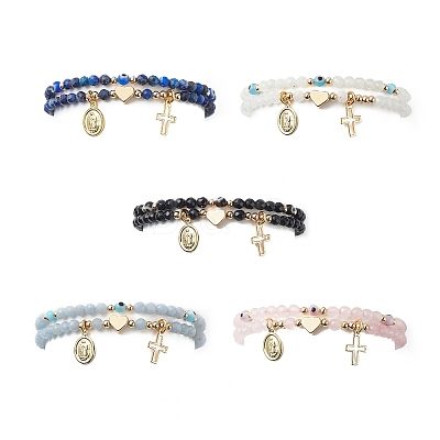 2Pcs 2 Style Natural Gemstone & Lampwork Evil Eye Beaded Stretch Bracelets Set BJEW-JB09030-1