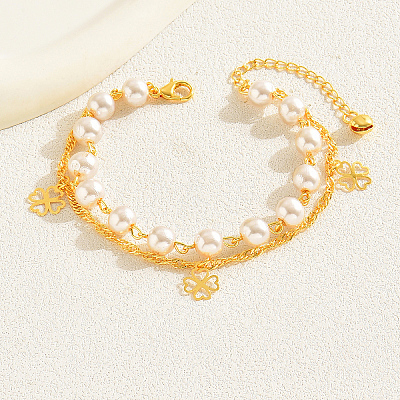 Elegant Brass & Imitation Pearl Double Layer Clover Pendant Anklets for Women's Fashion Style KI5971-1