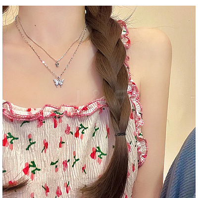 Butterfly Alloy Crystal Rhinestone Pendant Double Layer Necklaces for Women WGB64F3-01-1