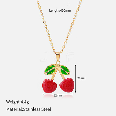 304 Stainless Steel Enamel Cherry Pendant Necklaces for Women WGA375D-04-1