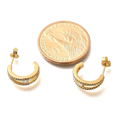 C-Shaped Brass Micro Pave Clear Cubic Zirconia Stud Earrings EJEW-C126-08G-1